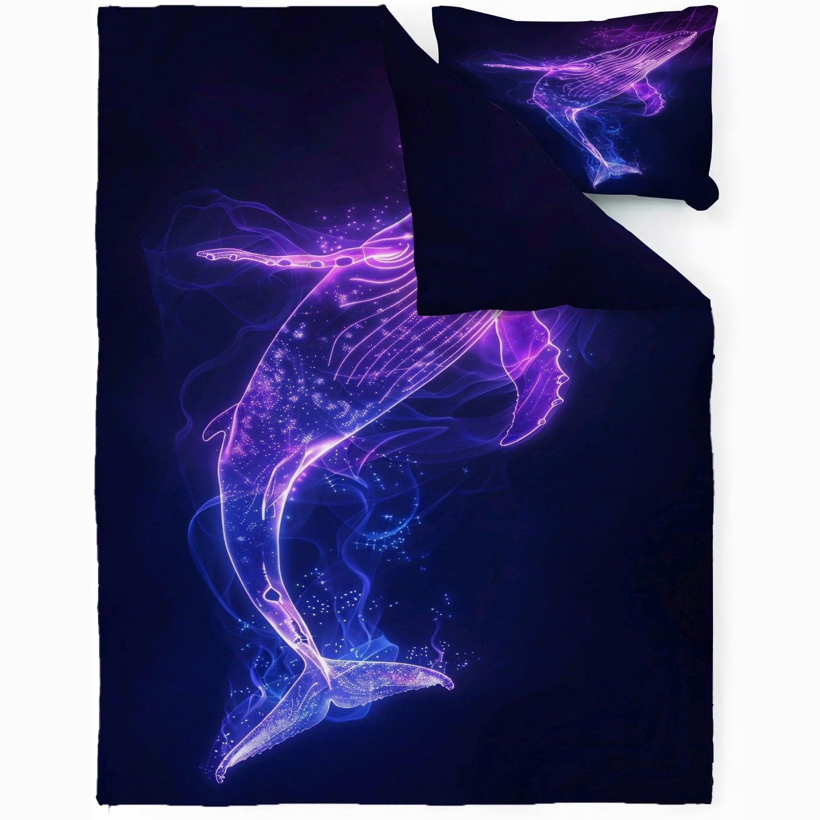 Housse de Couette 200x200 Baleine Néon Parure de Lit 2 Personnes