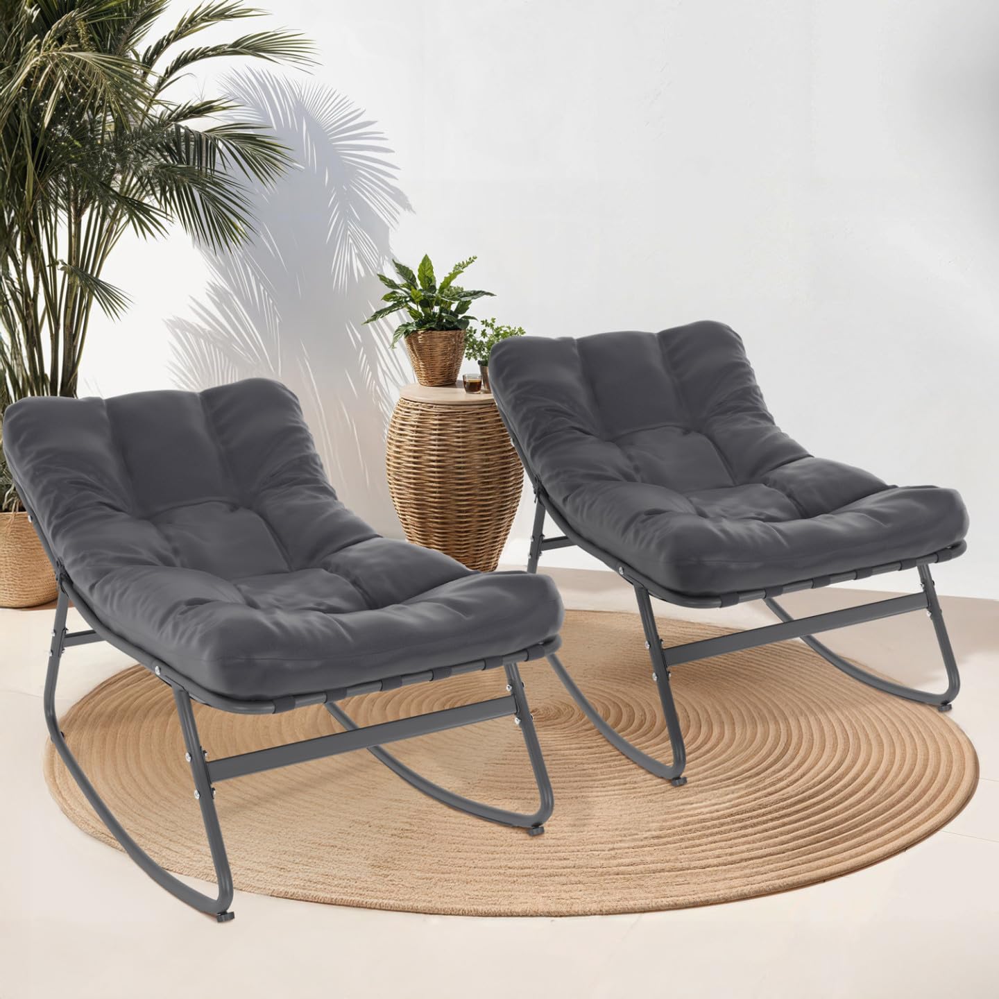 IDMarket - Juego de 2 sillas de jardín con mecedora Arona gris antracita cojín gris