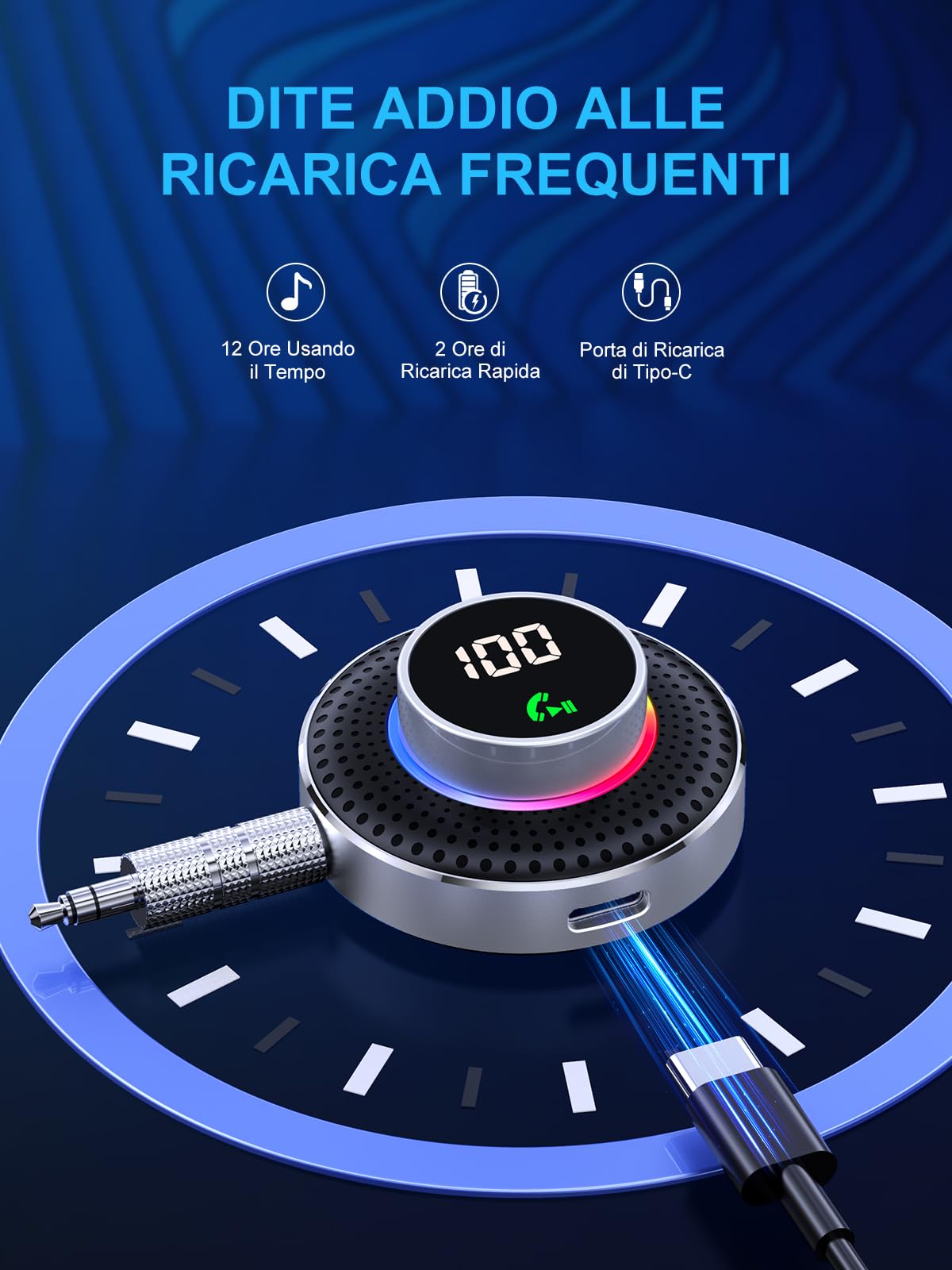 Glangeh Ricevitore Adattatore Bluetooth 5.3 Auto AUX, Pulsante Ingrandito e LED Schermo, con Jack 3,5mm, per Stereo/Altoparlante/Cuffie, Chiamate In Vivavoce, Supporta Siri
