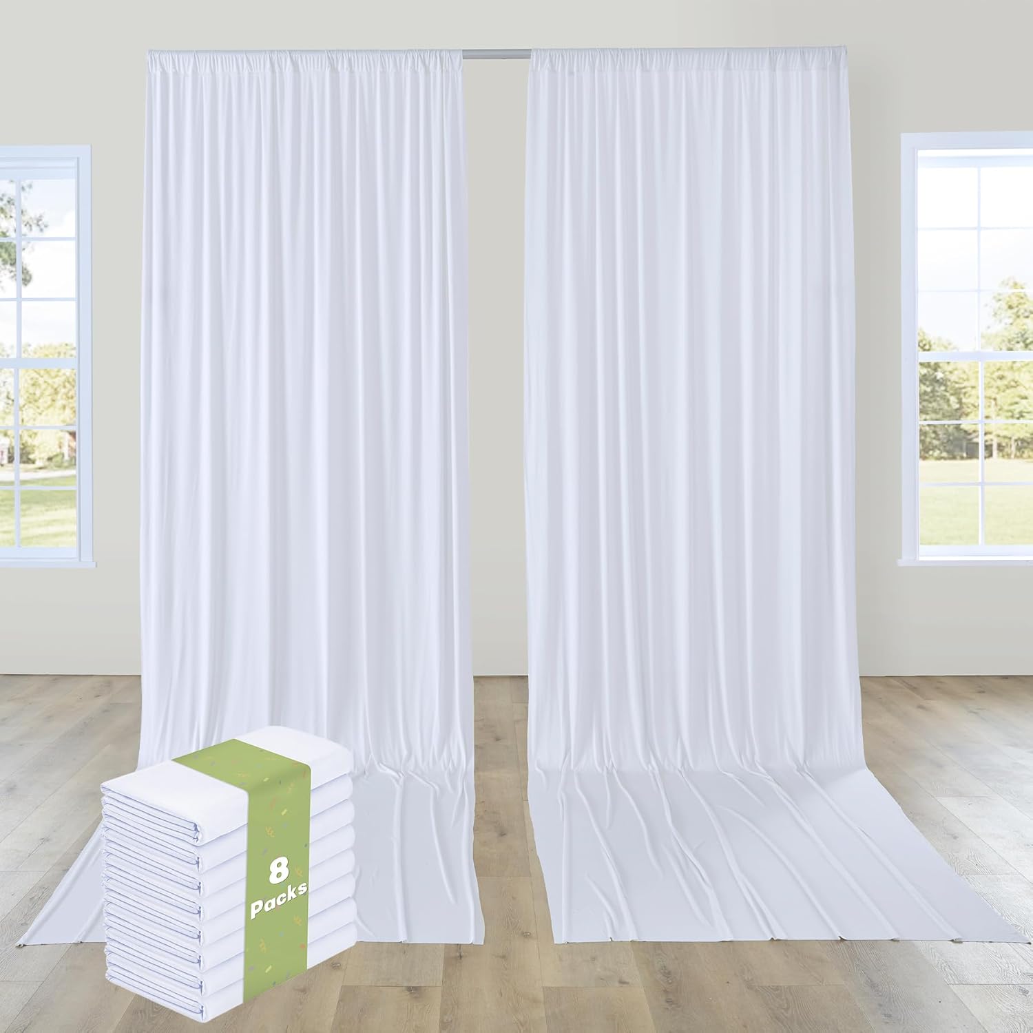 PartyVillage 40ft15ft White Backdrop Curtain for Wedding Parties, 8 Panels Wrinkle Free 15 FT Long Polyester Photo Backdrop Drapes Back Drop Cloth for Birthday Photography Background