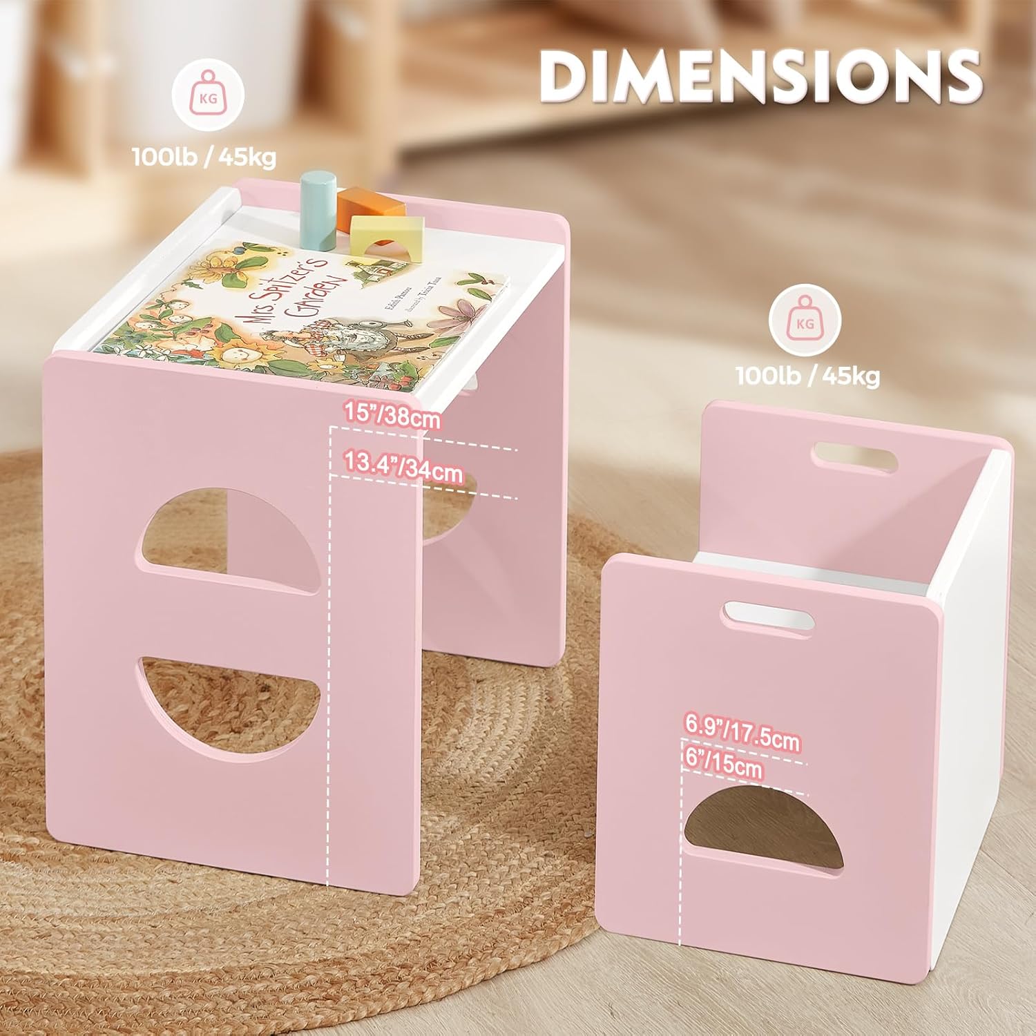 FUNLIO Height Adjustable Montessori Table and Chair Set for Age 1-3, Solid Wood Toddler Table and Chair Set, Weaning Baby Table Chair Set for Reading/Eating/Playing, Easy to Assemble - Pink