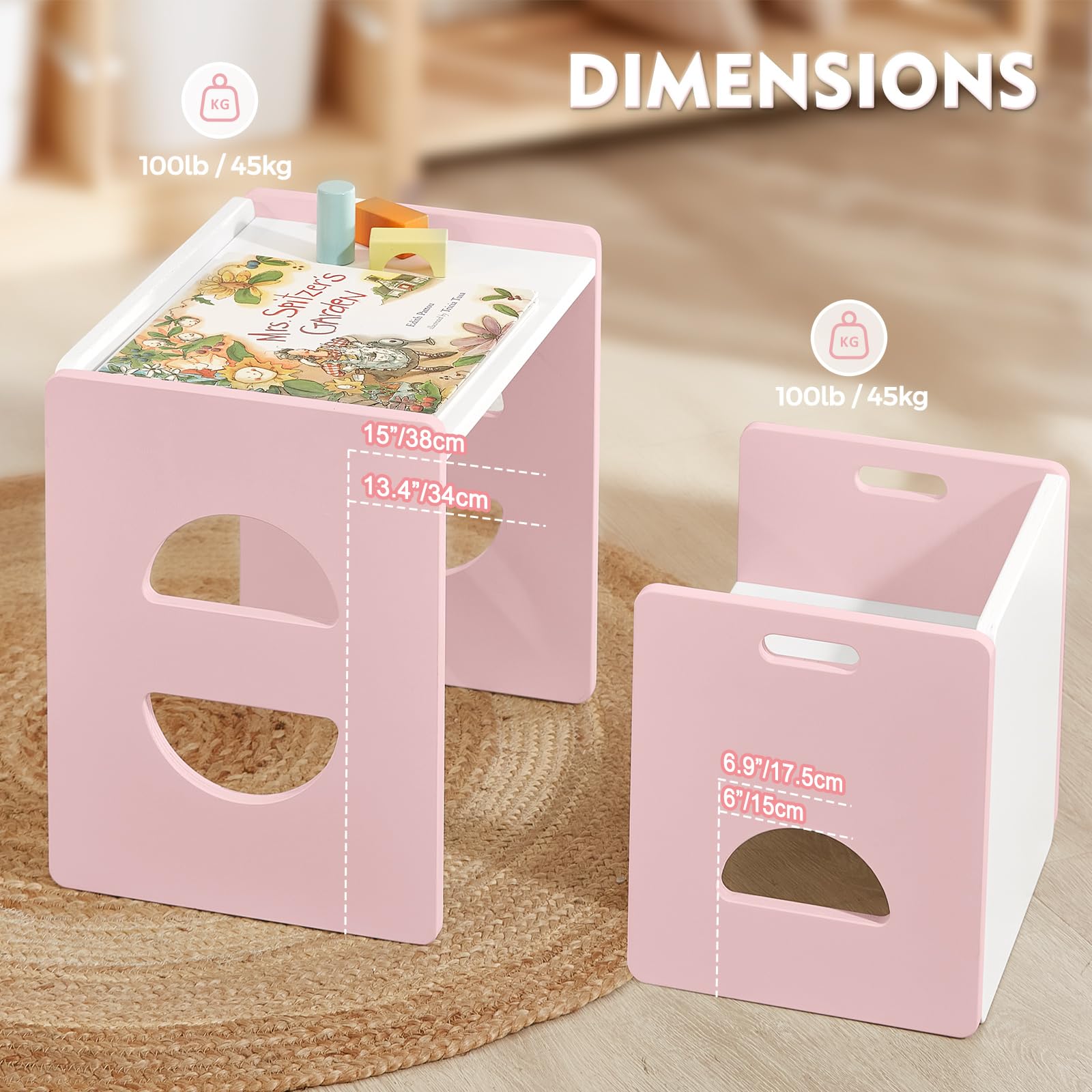 FUNLIO Ensemble Table et Chaise Montessori à Hauteur réglable pour 1-3 Ans, Ensemble Table et Chaise en Bois Massif, pour bébé pour Lire/Manger/Jouer - Rose