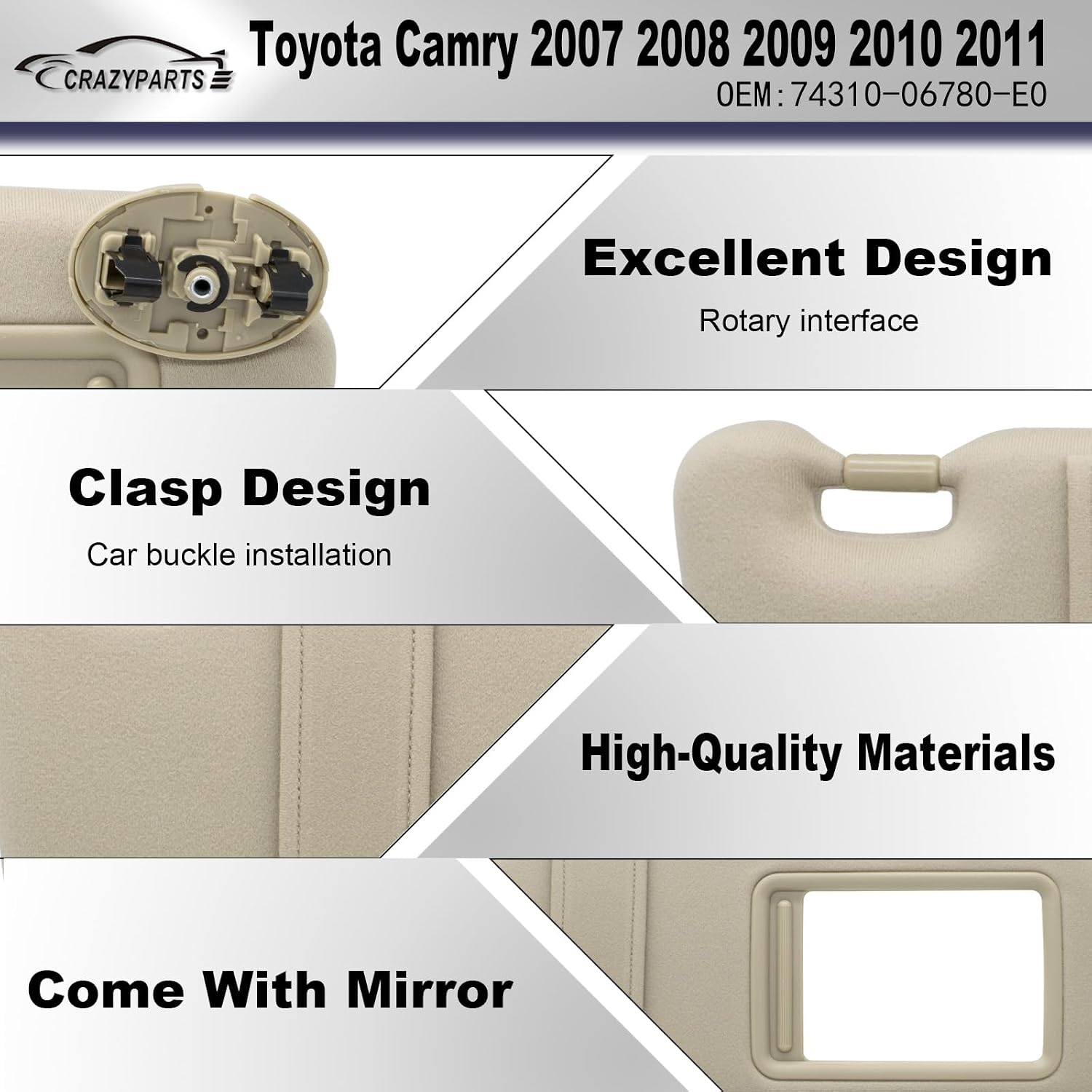 Passenger Right Side Sun Visor Without Light Compatible with Toyota Camry 2007 2008 2009 2010 2011 Replacement Number 74310-06750-E0 Colour Beige