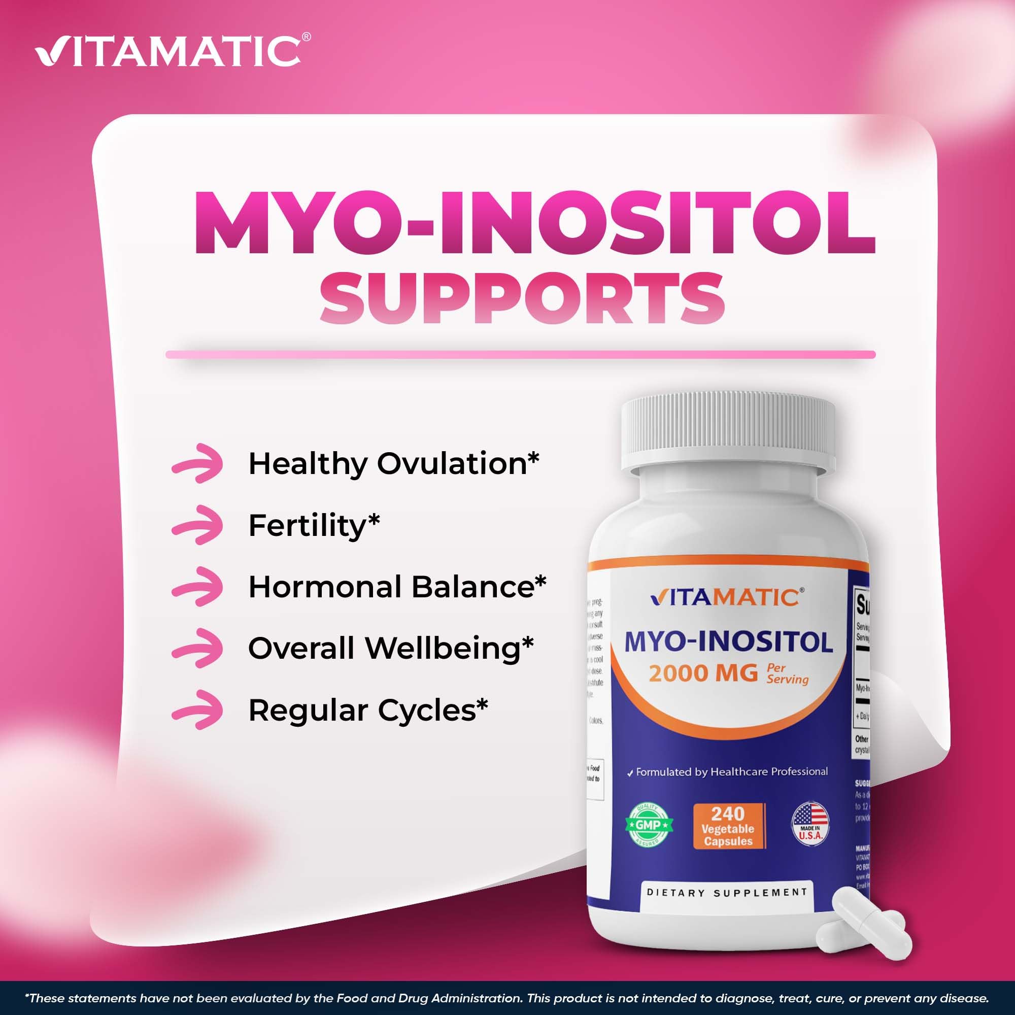 Vitamatic Myo-Inositol 2000 mg Per Serving – 240 Vegetable Capsules – 60 Servings – Non-GMO, Gluten Free – Made in USA — Amazon image 6