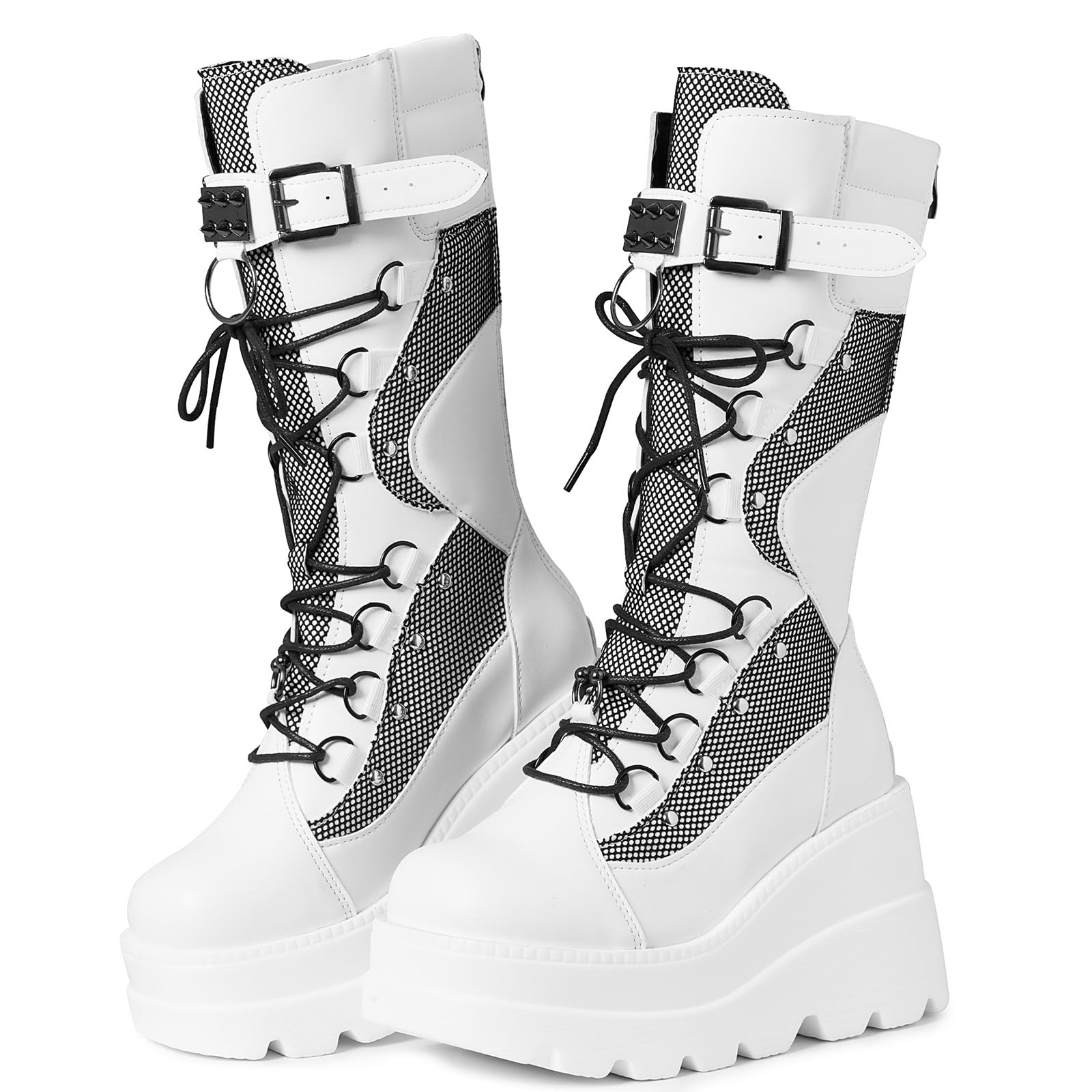 Tscoyuki Womens Goth Platform Boots Chunky Wedge Heel Rave Combat Boots Lace Up and Zipper Round Toe Mid Calf Boot for Concert Festival