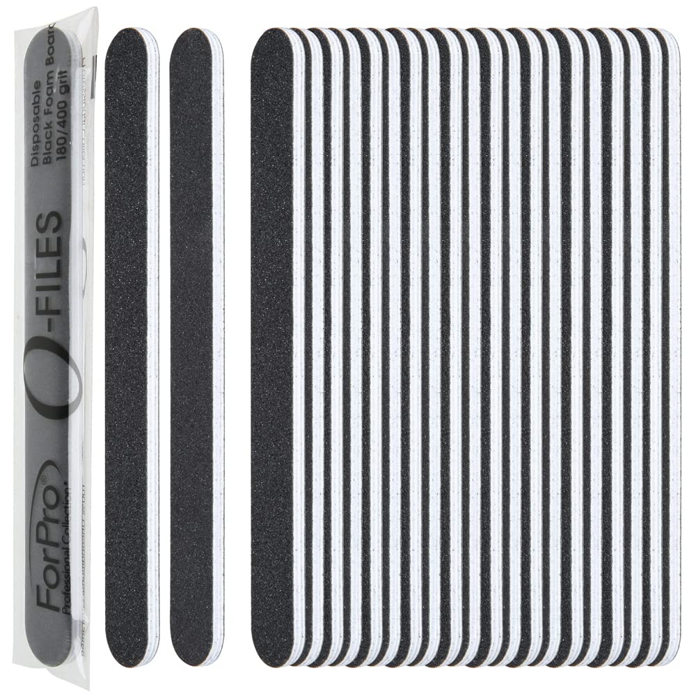 ForPro Professional Collection O-Files Foam Board, Double-Sided Manicure Nail File, 180/400 Grit, Individually-Wrapped, 6” L x .75” W, Black, 100-Count