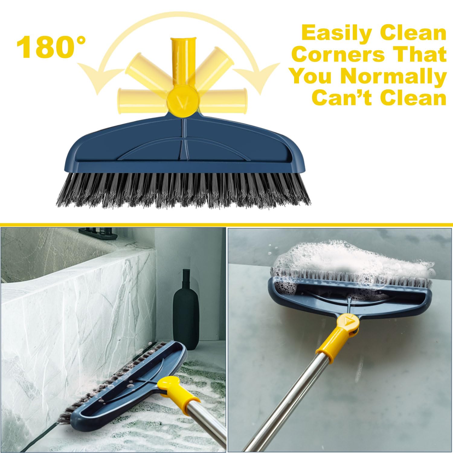 Cepillo de lechada con mango largo ajustable de 61.4 pulgadas, cepillo de línea de lechada en forma de V, cepillo de suelo 2 en 1 con raspador, cepillo giratorio con cerdas rígidas para ducha, cocina,