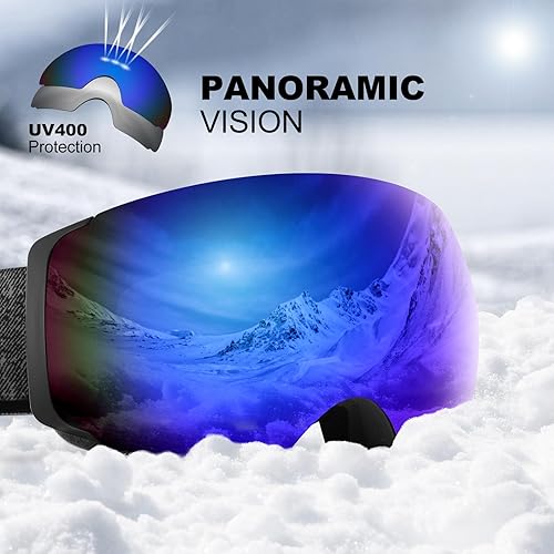 Miniatura 6 de Odoland Gafas de esquí magnéticas intercambiables con 2 lentes, grandes esféricos sin marco, gafas de snowboard para hombres y mujeres