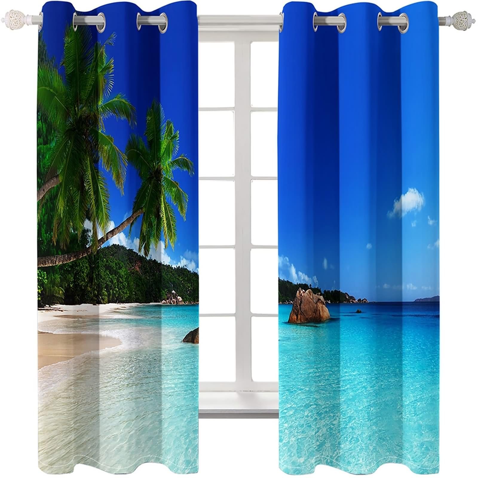Zasłona okienna na poddaszu, zasłony do salonu niebieski zielony drzewo palmowe i plaża morska poliester 2 panele 264x244cm