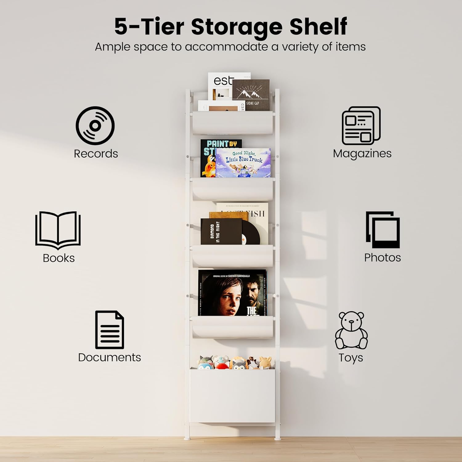 Homeiju Wall Mounted Kids Bookshelf with Storage Bin, 5-Tier Ladder Shelf, Suitable for Books, Toys, Magazines, Documents, Albums, White