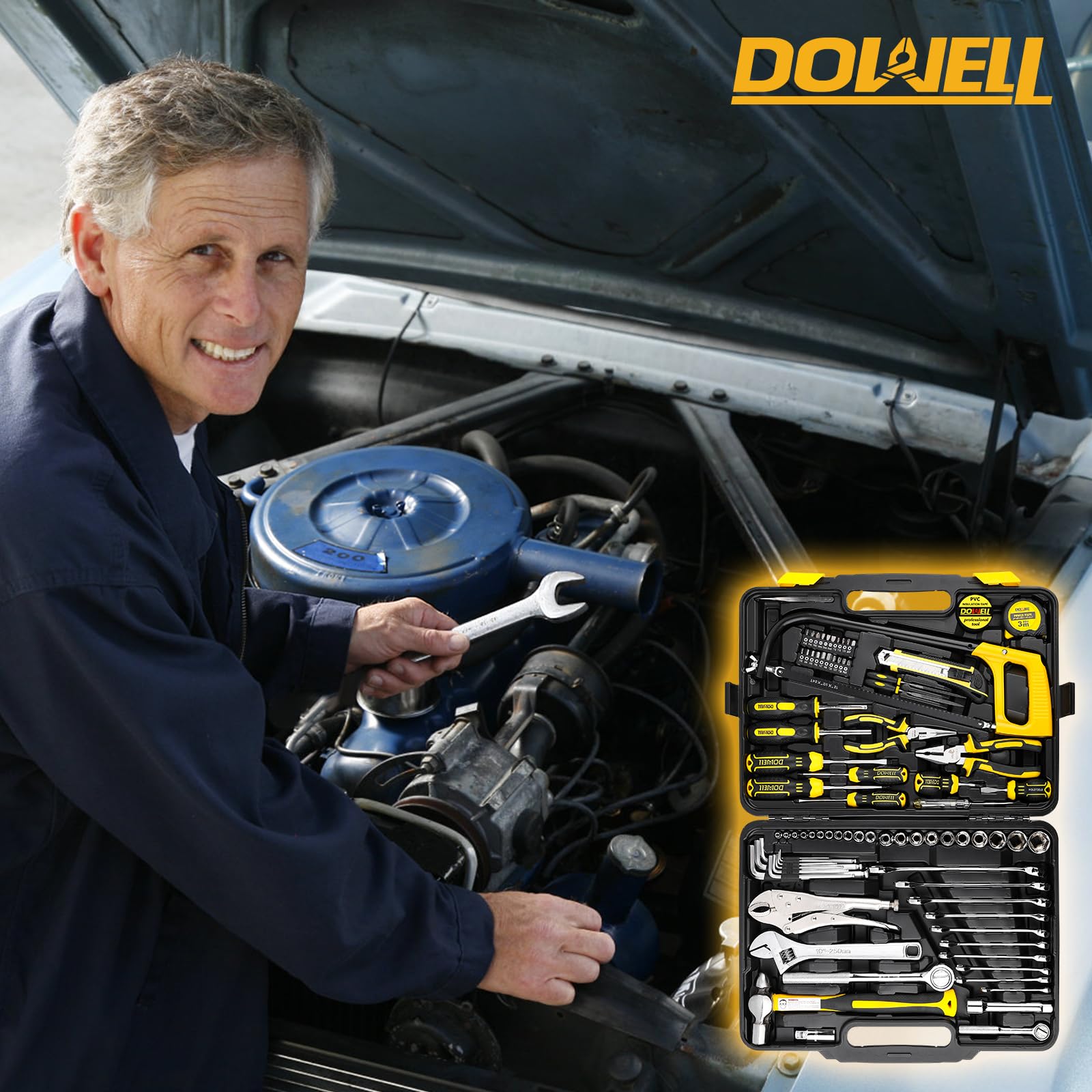 DOWELL Set di attrezzi da 85 pezzi, kit di attrezzi per meccanici automobilistici, completo per riparazioni auto, moto, motore e garage con prese, chiavi a cricchetto, pinze e altro ancora