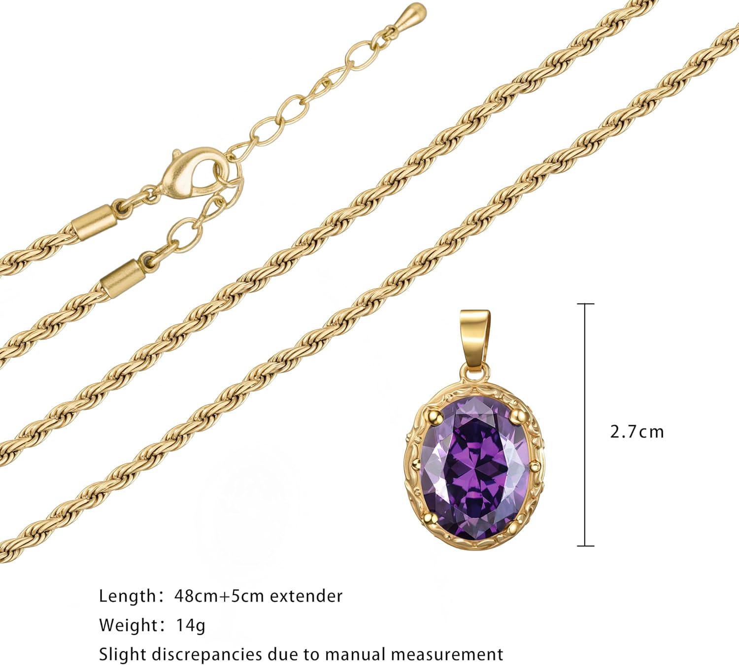 Vintage Pendant Necklace Gold Plated Amethyst Crystal Statement Jewelry for Women - Image 3