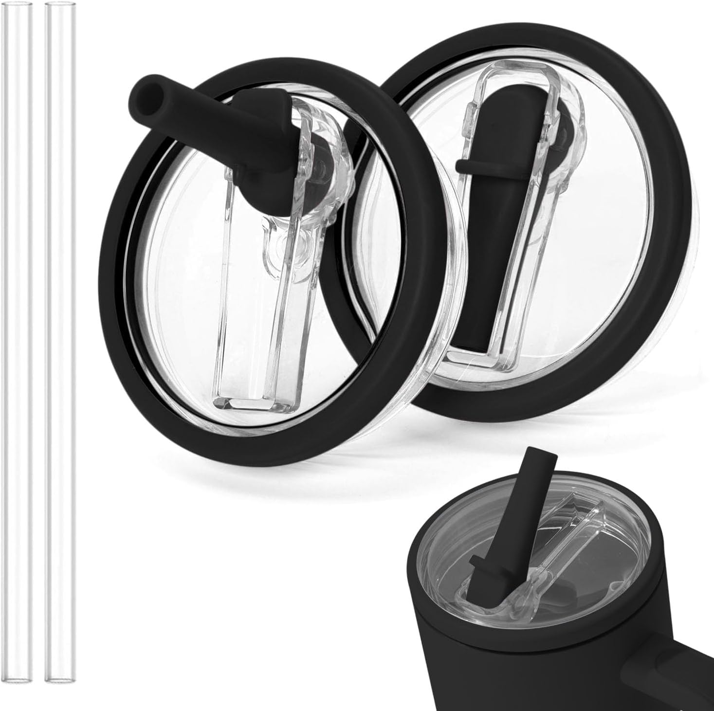 Flip Straw Lid Replacement for Stanley Quencher 30 OZ Tumbler - 2Pcs Leak Proof Cup Lids with Straw, Spill Proof Tumbler Cover Compatible with Stanley Cup Accessories, Black