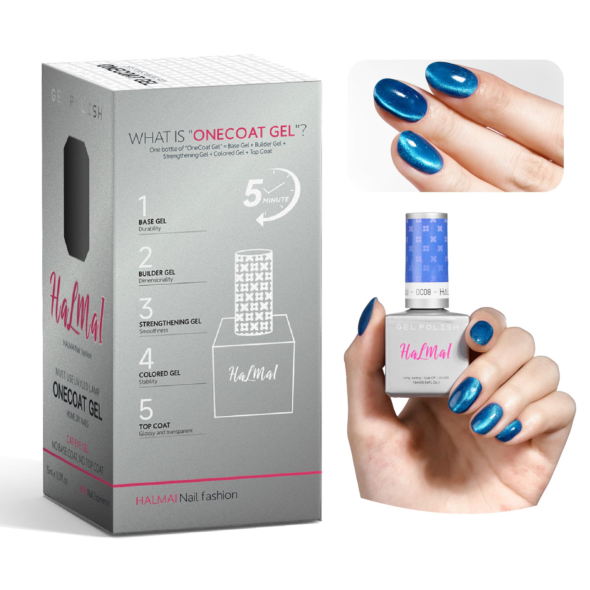 HALMAI Smalto Semipermante Cat Eye OneCoat con Magnete 5 in 1 per Unghie (Base, Colore, Ricostruzione, Rinforzante, Top Coat) -Regalo per Unghie Fai da Te, Ideale per Principianti & Casa (Blu)