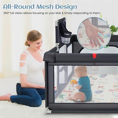 Miniatura 2 de INFANS Corralito para bebés, patio de juegos extra grande de 74 x 62 pulgadas con alfombra para gatear, 50 bolas oceánicas, 4 anillos de píldora,