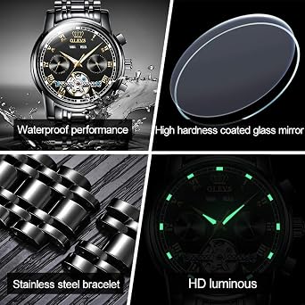 OLEVS Self Winding Watches for Men Automatic Mechanical Dress Tourbillon Stainless Steel Dual Calendar Waterproof Luminous Wrist Watch