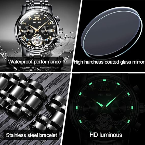 OLEVS Self Winding Watches for Men Automatic Mechanical Dress Tourbillon Stainless Steel Dual Calendar Waterproof Luminous Wrist Watch