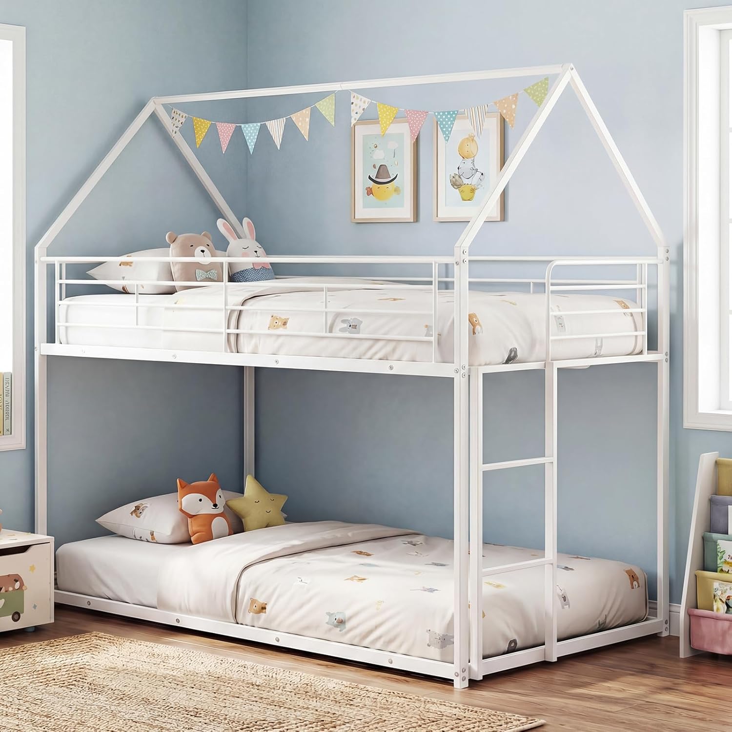 Low Bunk Bed Twin Over Twin with Roof, Heavy Duty Metal House Bunk Beds Frame with Ladder and Safety Guardrail, Floor Bunkbed for Kids, Space Saving, No Box Spring Needed (White)