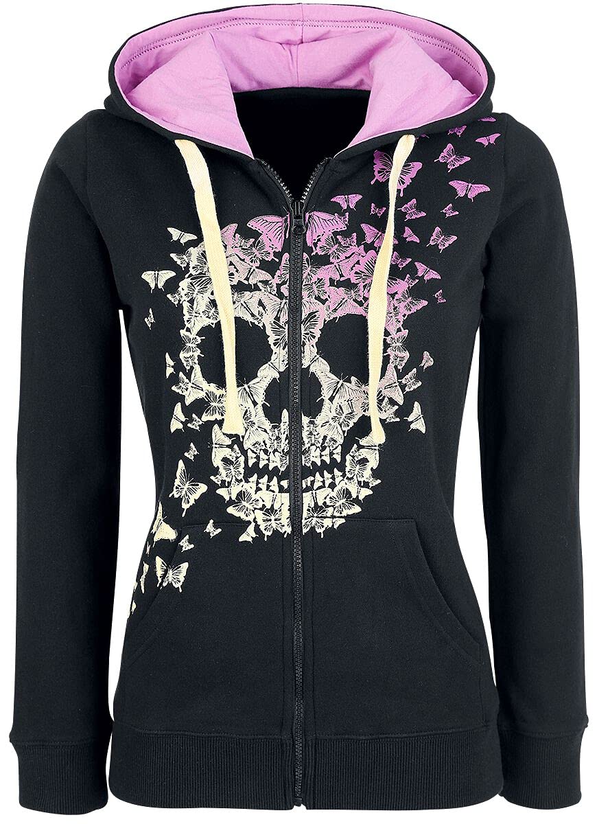 Full Volume by EMP Donna Giacca con Cappuccio Nero-Rosa con Stampa Teschio