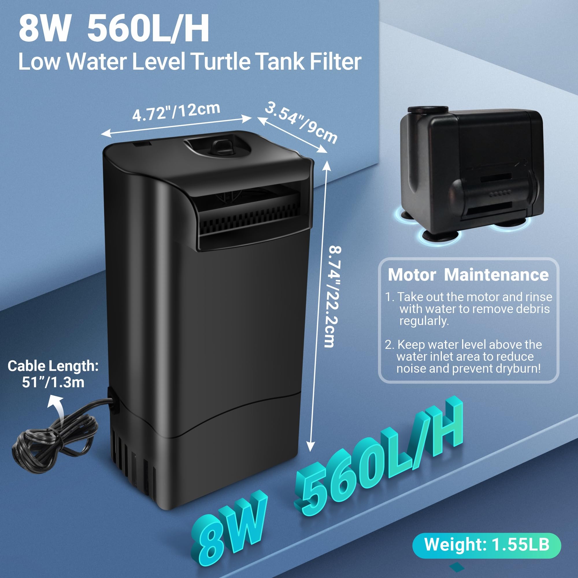 GOZILLA Filtre d'aquarium 8 W 148 GPH pour réservoir à faible niveau d'eau, filtre tortue à débit d'eau réglable pour aquarium Turlte, filtre d'aquarium pour aquarium de 10 à 10 gallons (Noir)