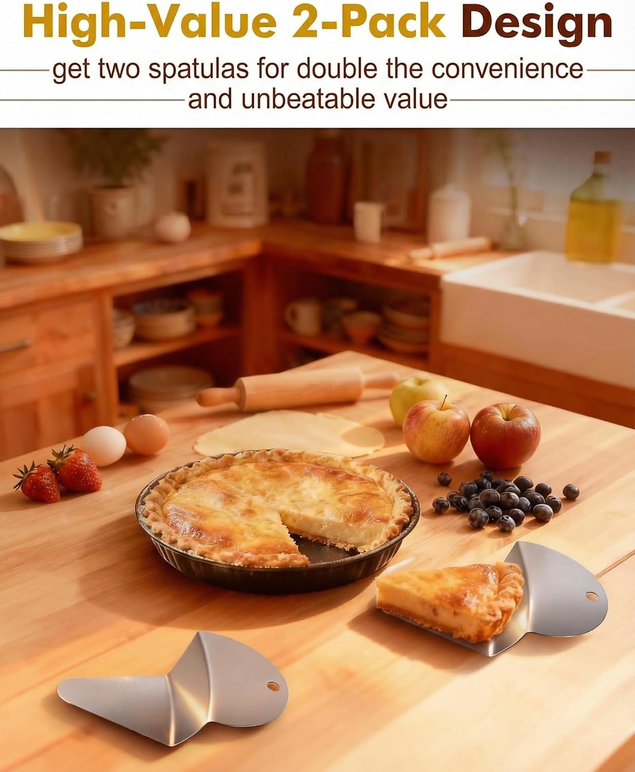 Pie Server and Cake Server Stainless Steel Set - Serrated Spatula with Elegant Ergonomic Handles for Cutting and Serving Desserts, Brownies, Lasagna (First Slice Pie)