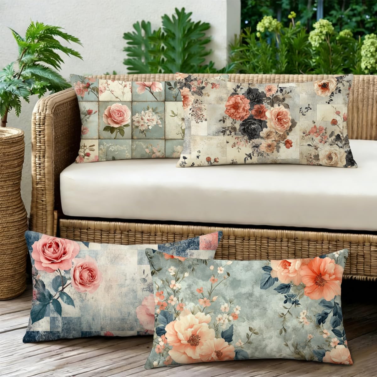 Poszewka na poduszkę 50x80 Zestaw 4 poduszek zewnętrznych krata poszewka na poduszkę Aksamitne poduszki Sofa Kwiaty Poduszki dekoracyjne, wodoodporna poszewka na poduszkę, dekoracja wiosenna