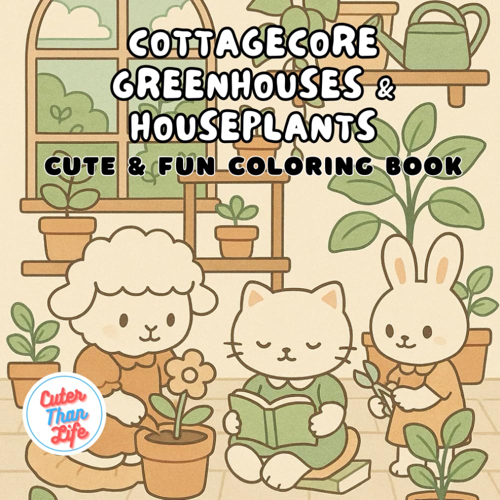 Cottagecore Greenhouses and Houseplants Cute and Fun Coloring Book: 40 Images | 8.5x8.5 | Cozy, Indoor Plants, Botanical, Adorable | Mindful Coloring ... Relief | For Kids, Teens, Adults, and Seniors