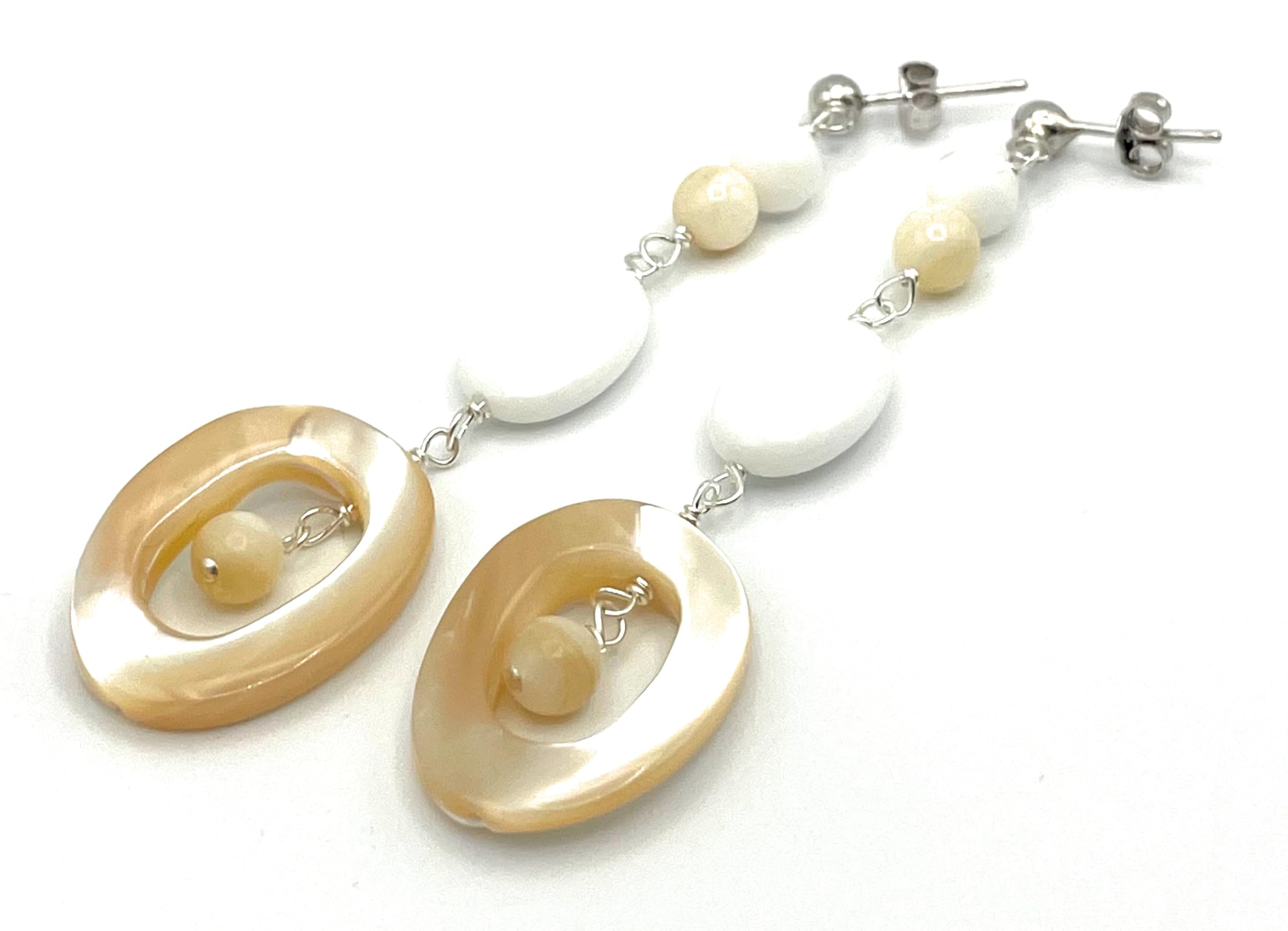 Orecchini in Argento 925 Madreperla Beige e Agata Bianca, Pendenti Lunghi Ovali, Gioielli con Pietre Dure, Bijoux Boho Artigianali, Regalo