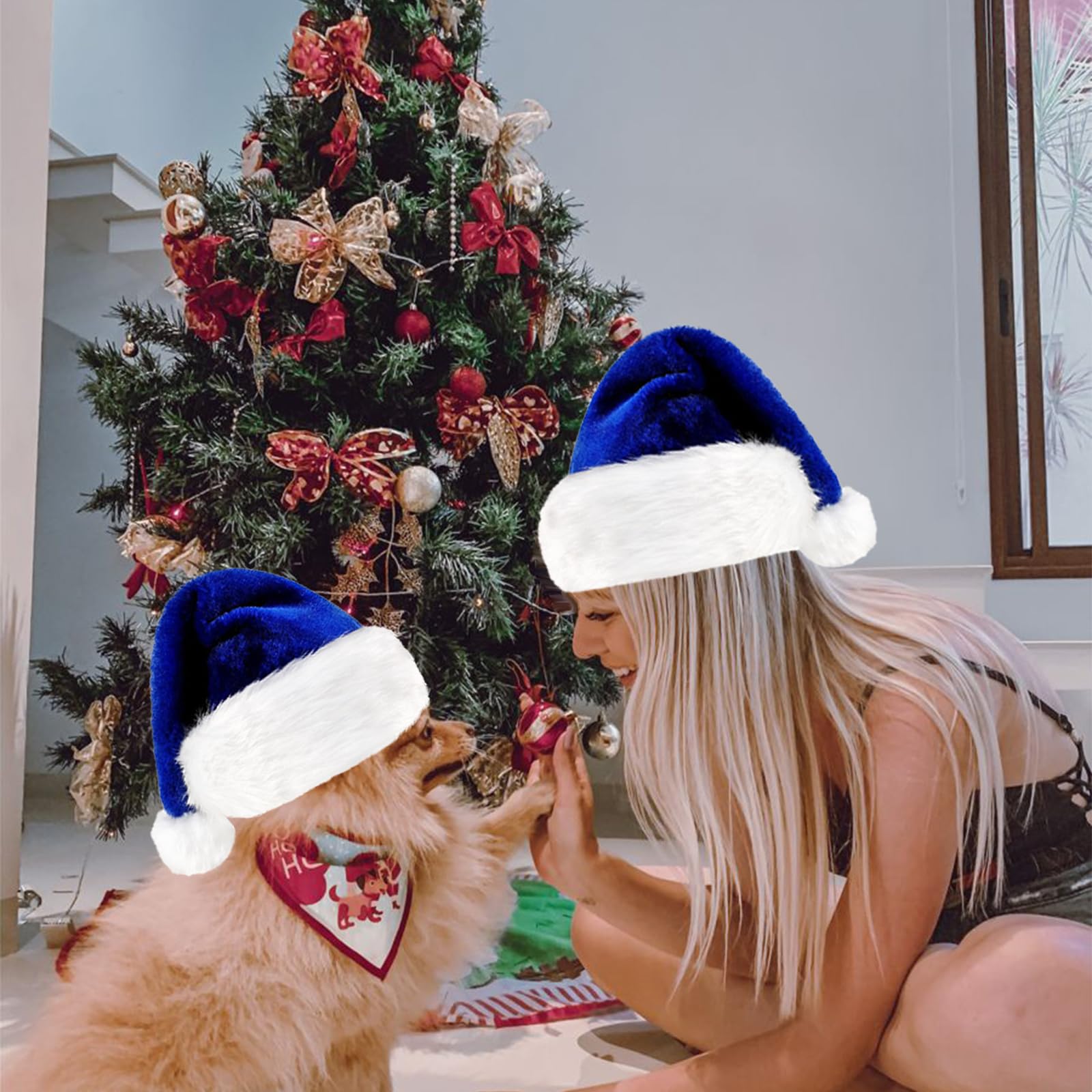 45cm Christmas Hats Santa Hat for Adults,2 Pcs Deluxe Velvet Xmas Santa Claus Hat,Unisex Velvet Comfort Christmas Party Hat Thicken Classic Fur for New Year Festive Christmas Party Supplies(Blue) - Image 3