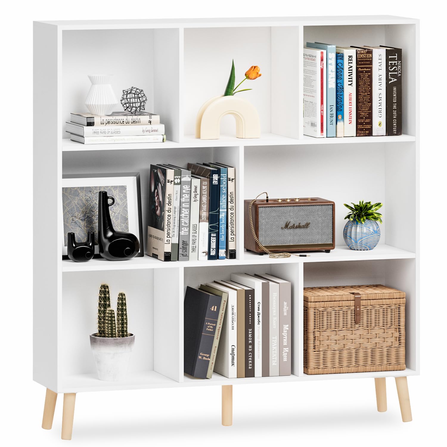 Cube Bookshelf, 3-Tier Floor Standing Display Cabinet Rack with Legs, 8 Cubes Bookcase, Modern Bookcase with Cubby Storage, Open Book Shelves for Bedroom, Living Room, Office, White