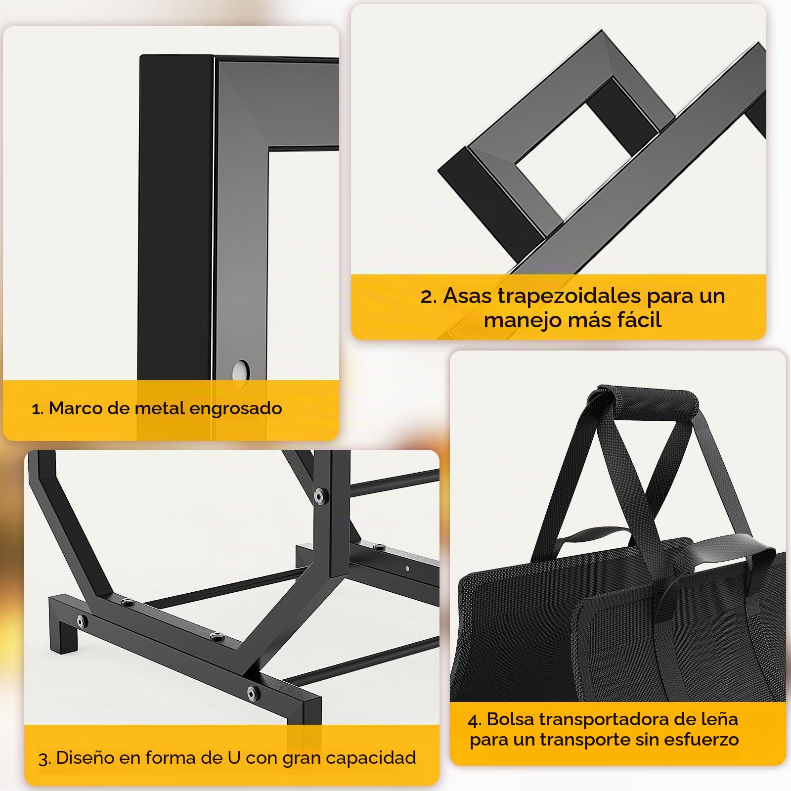 Leñero en Forma de U Reforzado Leñero Interior Exterior Metal 250lbs 4 Patas con Bolsa Transporte para Chimenea Jardín 43x53x33cm Negro Antideslizante
