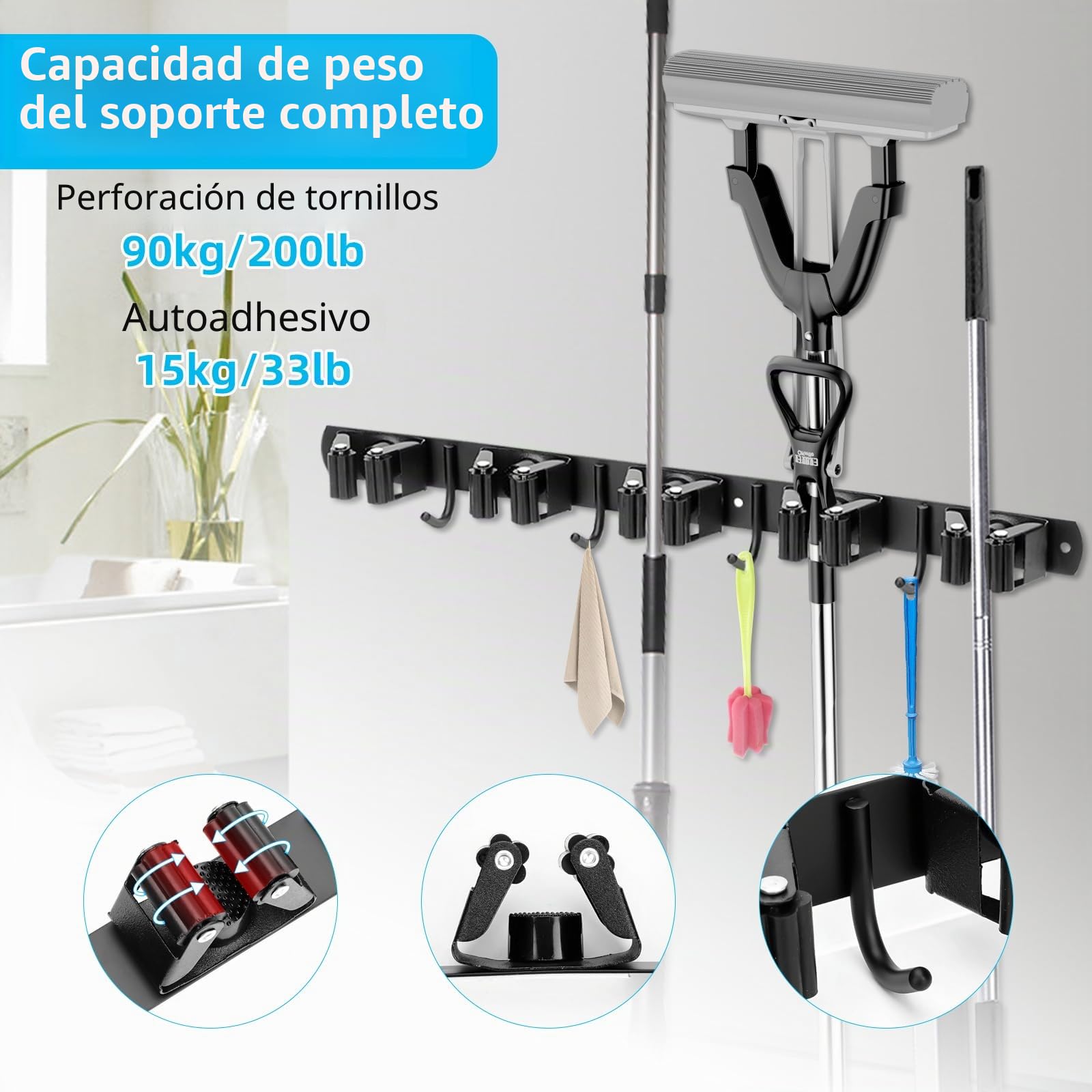 2 Piezas Colgador Escobas y Fregonas, 5 Soportes y 4 Ganchos Negros, Sujeta Escobas Pared, Organizador Colgador de Fregonas para Cocina, Baño, Garaje, Jardín, Cuelga Escobas Pared Pesado