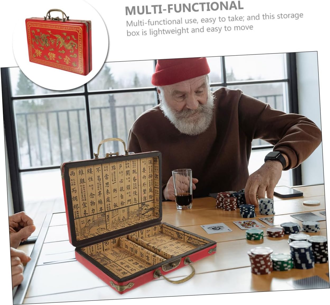 Mini Mahjong Storage Case Wooden Container Lidded Storage Box for Mahjong Sets