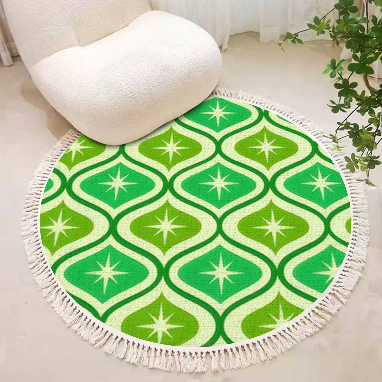 Round Tassels Area Rug Mid Century Modern Atomic Lime Green