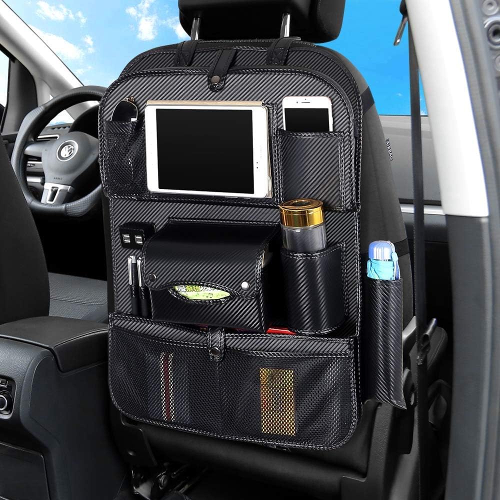 AUCD Back Seat Car Organizer with Tablet Holder and 4 USB Charging Port, Car Organizer for Kids Baby Toddlers Toy Bottles Storage Foldable Dining Table Family Road Trip Travel Accessories (Black)
