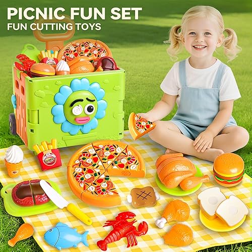 Miniatura 6 de Juego de comida de juego de simulación para niños, juego de cocina - 45 juguetes de corte 3 en 1 para niños con carrito de almacenamiento plegable