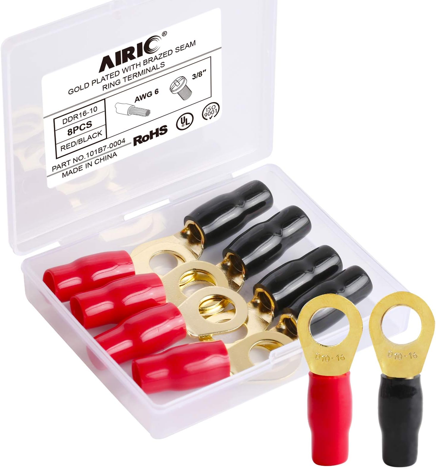 AIRIC 6 AWG Ring Terminal 3/8 inch Gold Plated Crimp Ring Terminals with Soft Boots Gold Wire Connectors Kit 8-Pack