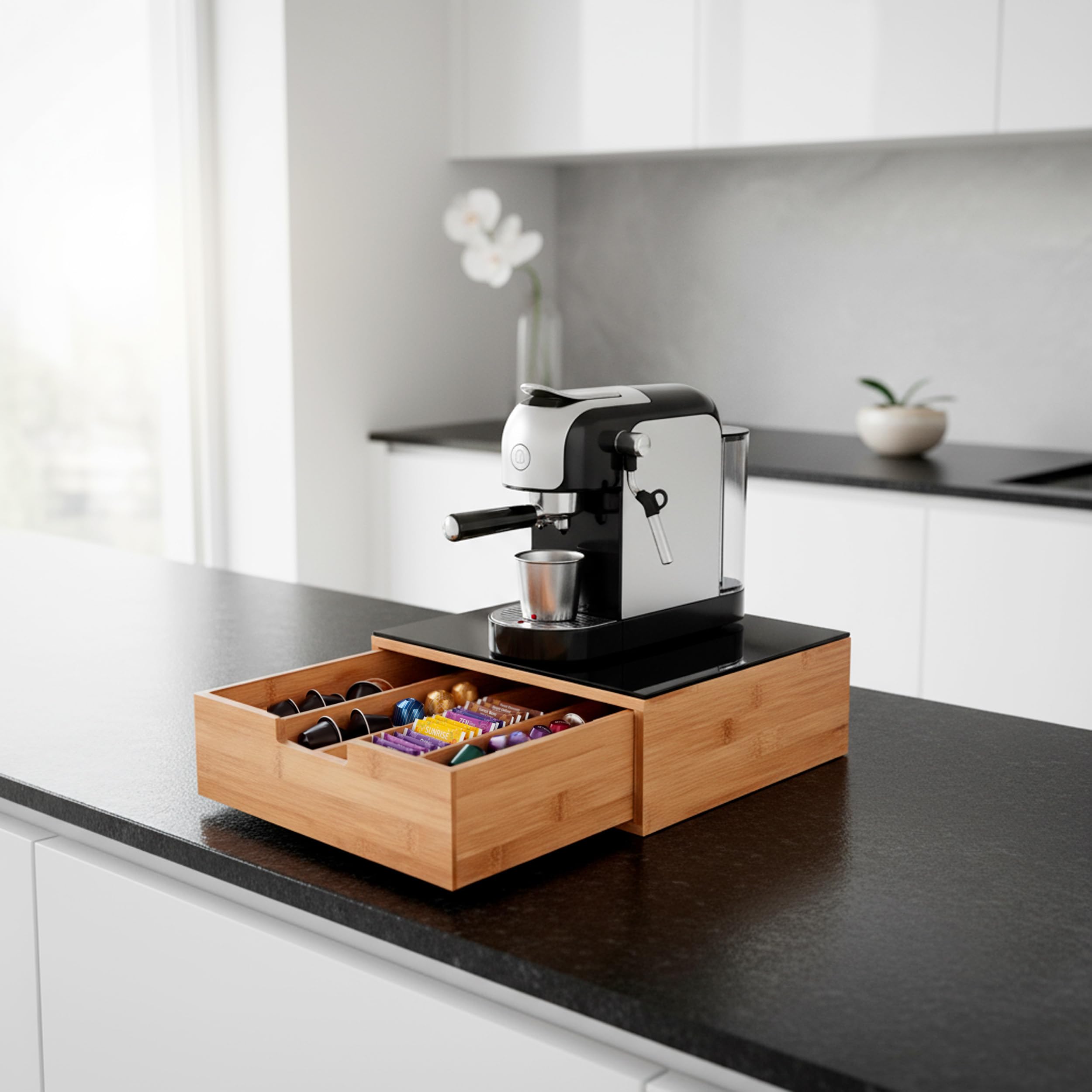 Porta Cialde In Bambù Con Cassetto 4 Scomparti Ripiano in Vetro Organizer Capsule Caffè Cialde Bustine Tè Tisane Zucchero Design Elegante per Cucina e Ufficio 30 x 30 x 10 Cm Marrone
