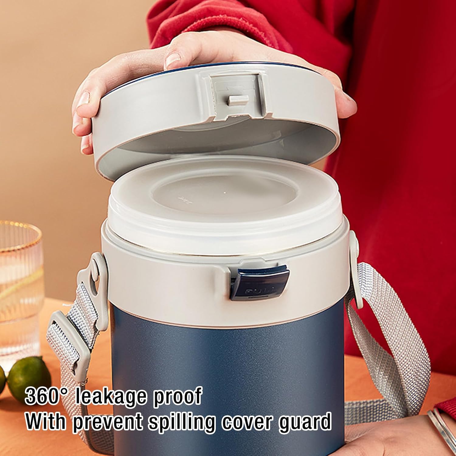 Pssopp Insulated Food Jar 3 Tier Compact Design Microwave Stainless Steel Thermal Lunch Box for Hot Food Soup and More (Blue)