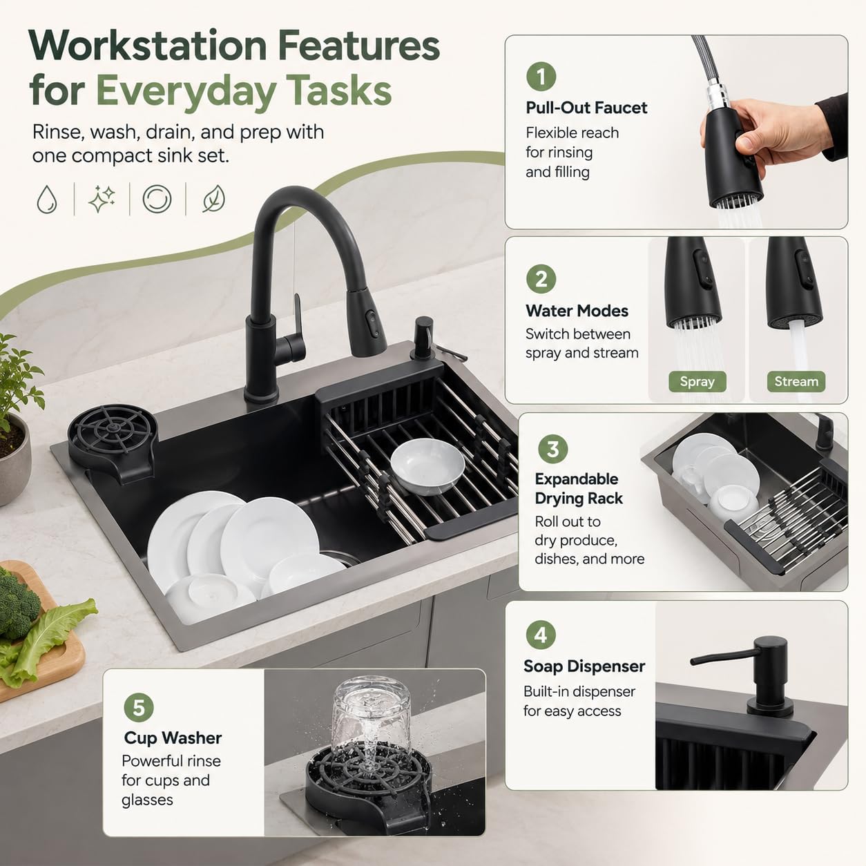 Fregadero de cocina negro de acero inoxidable 60x45 cm, fregadero empotrado de 1 seno con grifo extraíble, cesta de escurrido, dispensador de jabón y dispensador de detergente, resistente a los