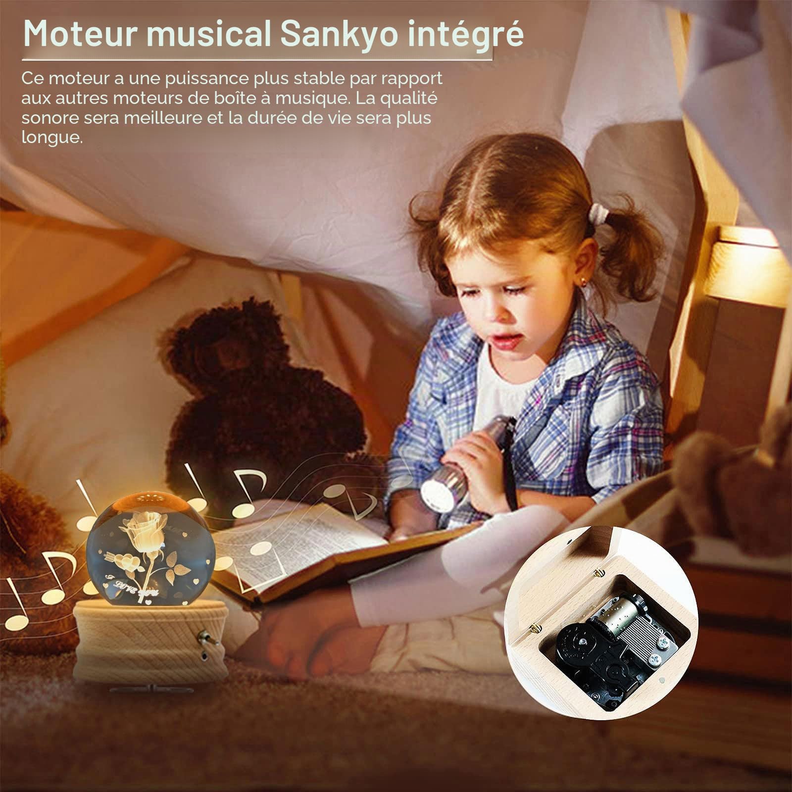 Boîte à Musique Boule de Cristal 3D, Boîte à Musique Rotative Éclairée à 360° avec Projection de Lumière et Support en Bois, Cadeau pour Enfants, Femme et Mère(Rose)