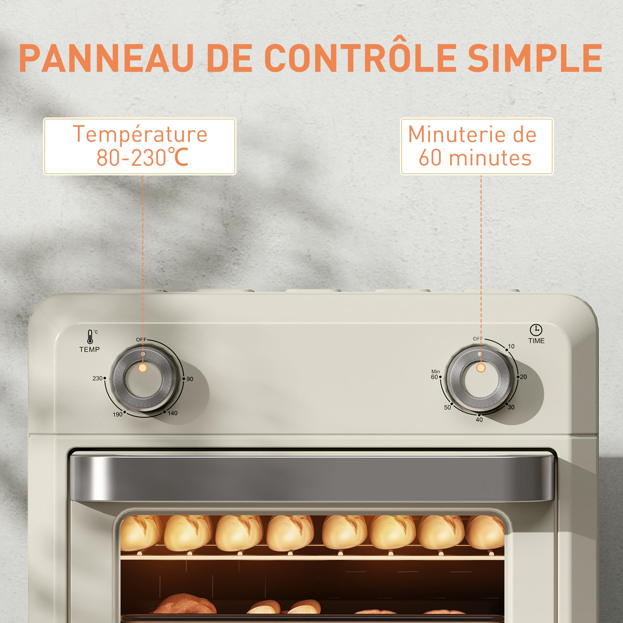 HOMCOM Mini four à air chaud 10L, four à chaleur tournante 1000W friteuse sans huile minuterie 60 min avec température réglable 80°C-230°C, plaque & grille de cuisson inclus, crème