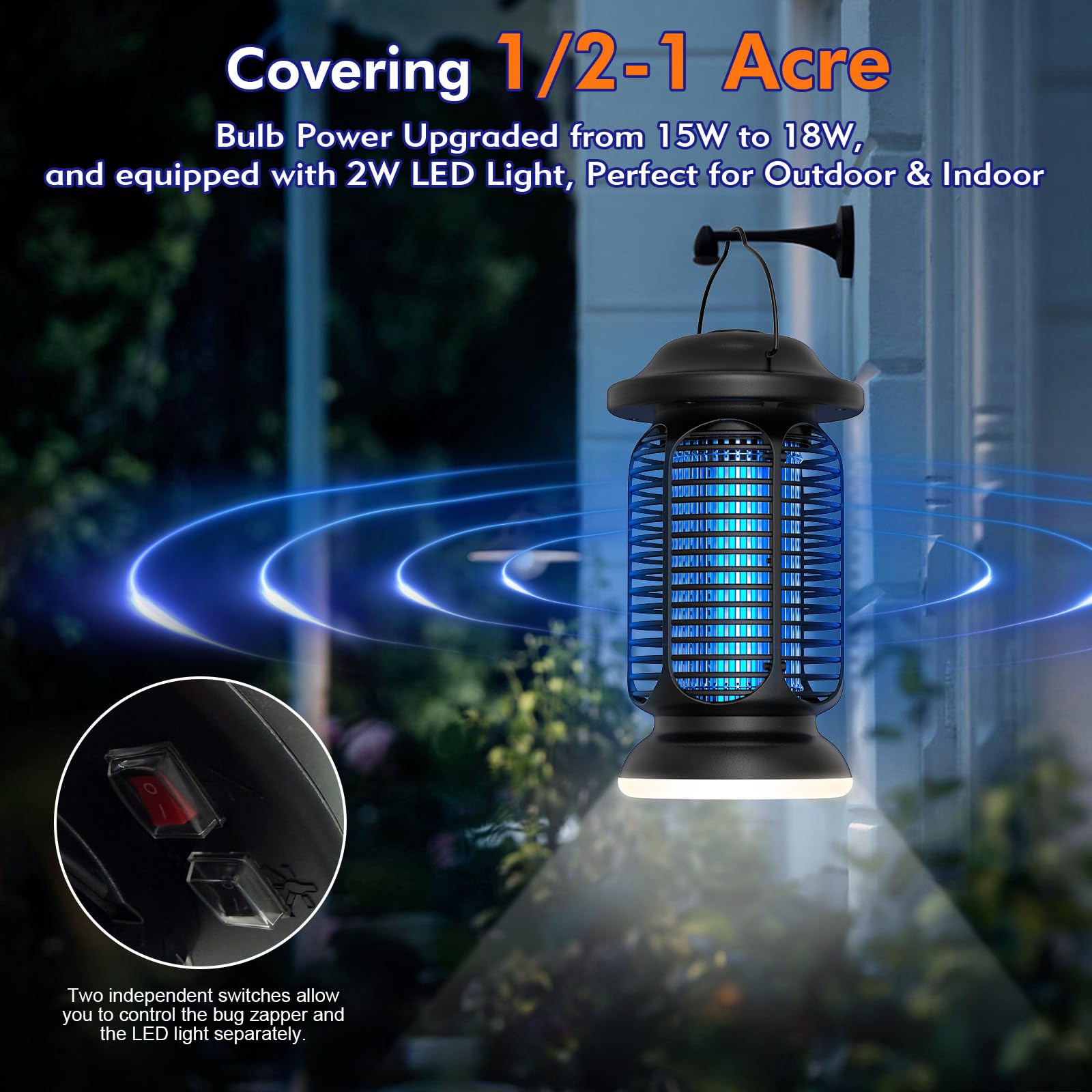 AMUFER Bug Zapper für den Innen- und Außenbereich, verbesserte 18 W benutzerdefinierte blau-violette Licht 2 W LED-Lampe, 100% Steigerung der Moskitosteuerwirkung, 1/2-1 Stundenzeigerabdeckung, Fly
