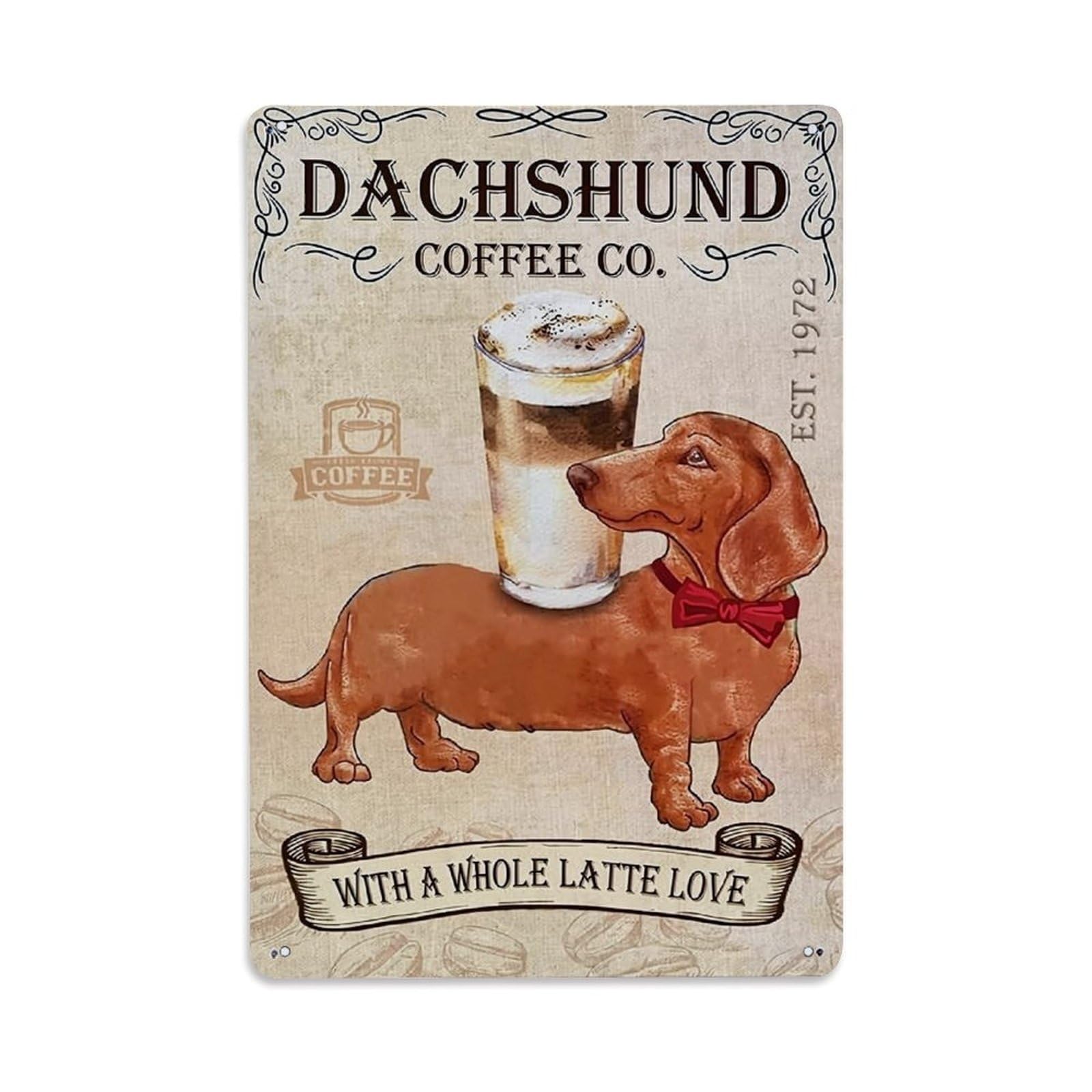 Jdfenggu Vintage Dachshund Coffee Latte Love Bowtie Retro Metal Tin Sign, Decor Art Poster For Bar, Home, Man Cave, Kitchen, Laundry Room Gift 8X12inch