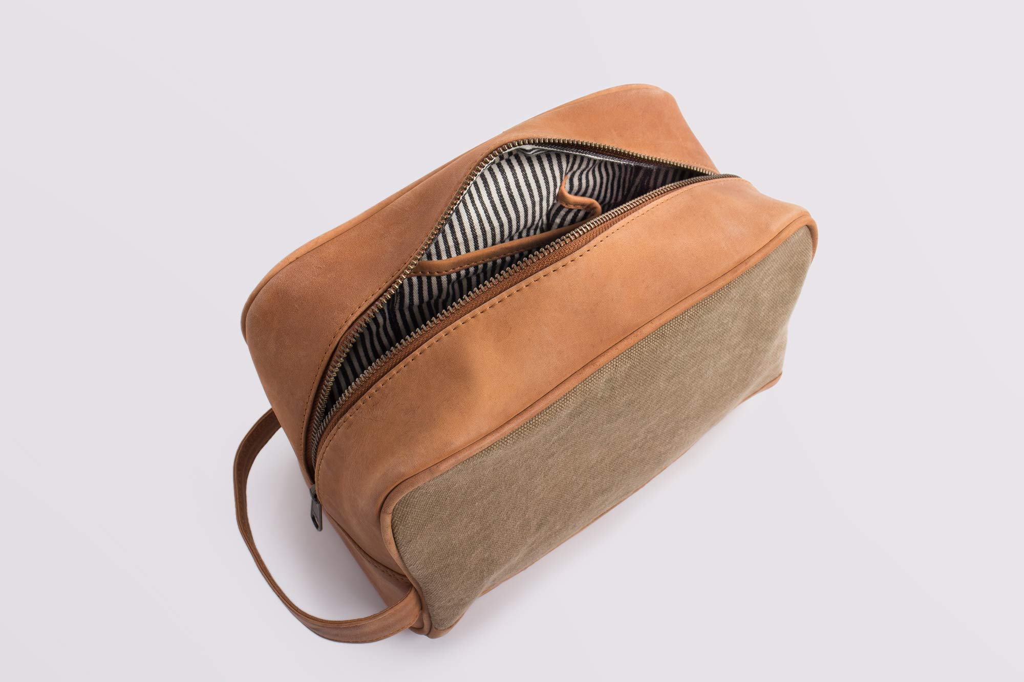 HOLZRICHTER Berlin - Kulturtasche aus Leder & Canvas für Damen & Herren (No-3-1), Kulturbeutel 15x25x13cm, Echtleder Waschtasche, Camel/Beige
