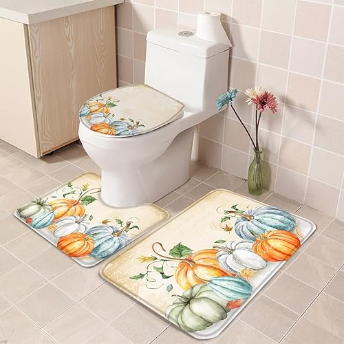 Bathroom Rugs Sets 3 Piece Bath Mat,Fall Pumpkins Thanksgiving Watercolor Soft Non-Slip Bath Rug Set,Absorbent Shower Rugs Toilet Seat Cover
