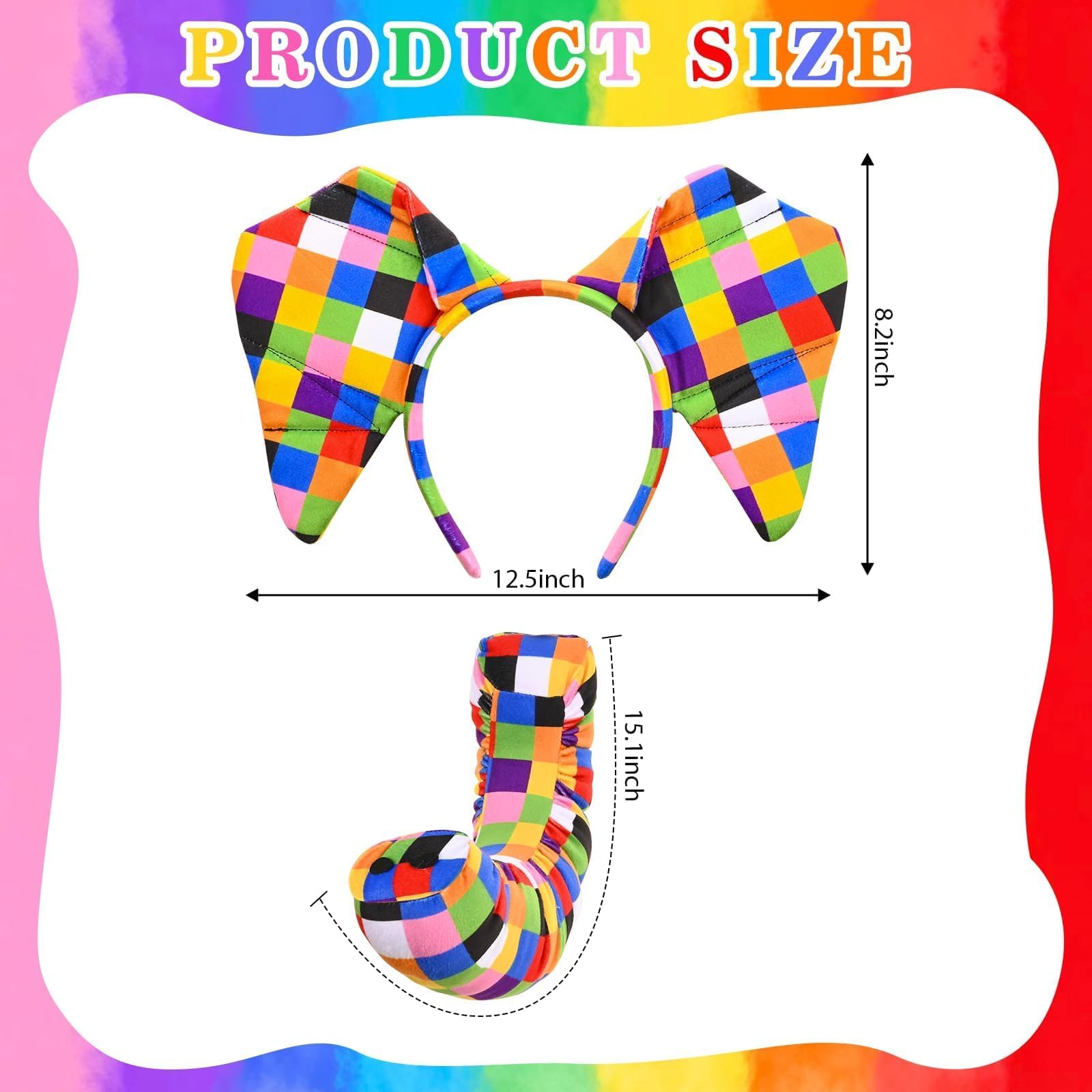 Kavoc Patchwork Elephant Costume Accessories with Colorful Elephant Ears Headband Trunk for World Book Day Animal Fancy Dress up - Image 2