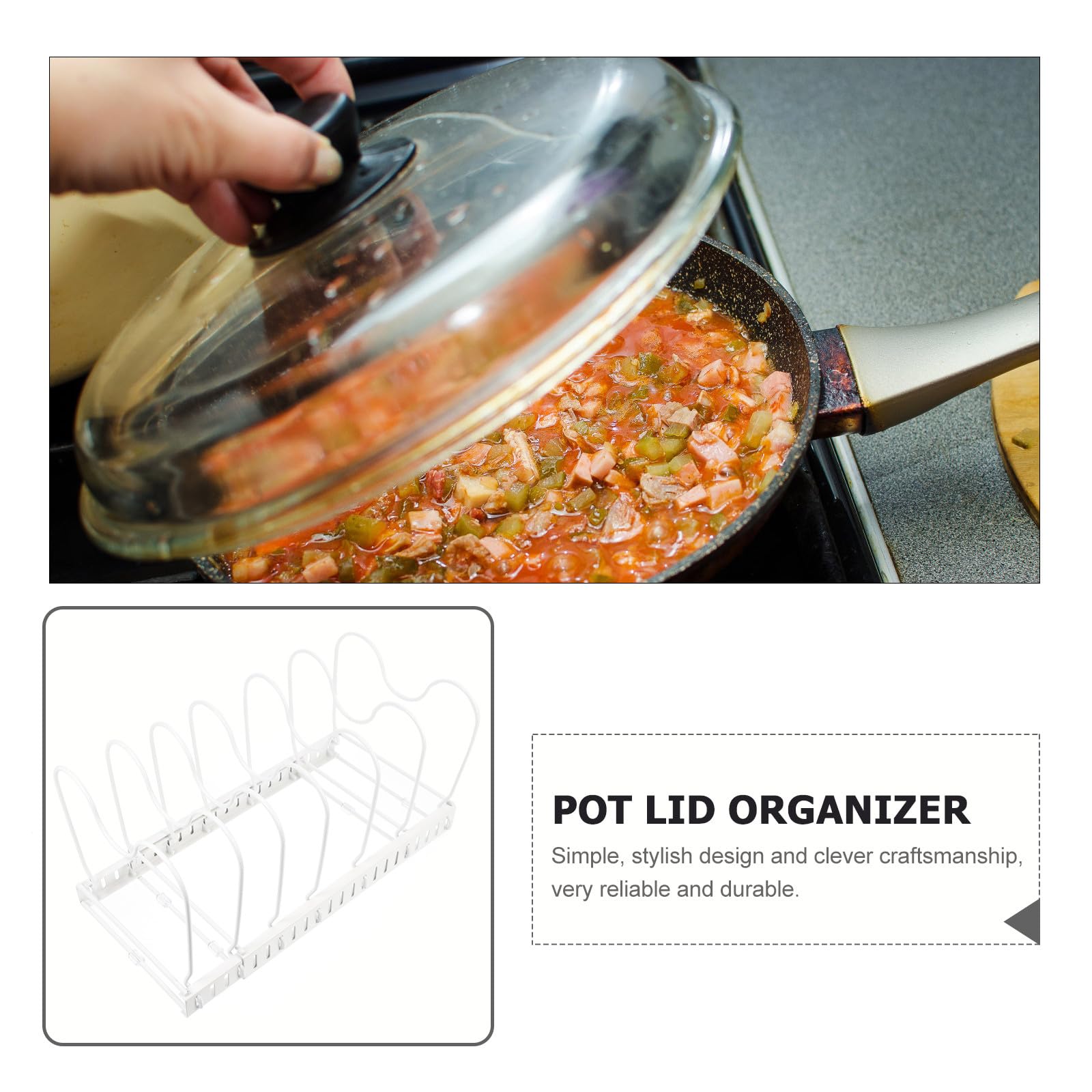 Soporte para Tapa de Olla de Hierro Blanco Extensible de Mesa | Organizador de Cocina, Superficie Curvada Estable E, Diseño Sencillo y Creativo
