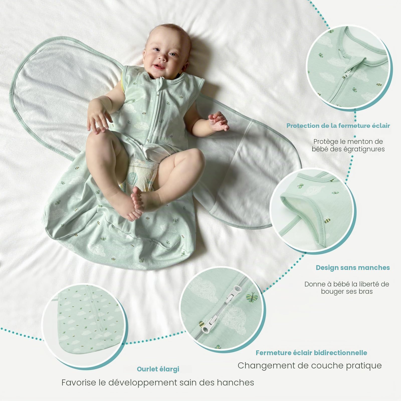 Gigoteuse 0-6 Mois Tog 1 Gigoteuse Emmaillotage 100% Coton 3-1 Réglable Gigoteuses Bébé, Green