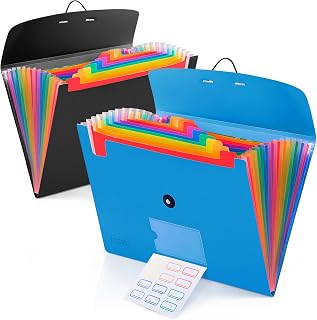13 Pocket Expanding File Folder Accordian File Organizer, A4 Letter Size Paper Document Receipt Holder for School Office Supplies, Black&Blue